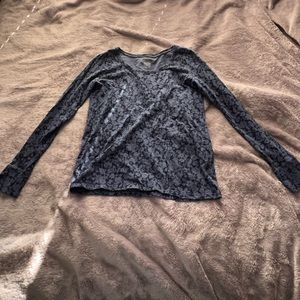 Navy Blue Monochromatic Floral Print Long Sleeve